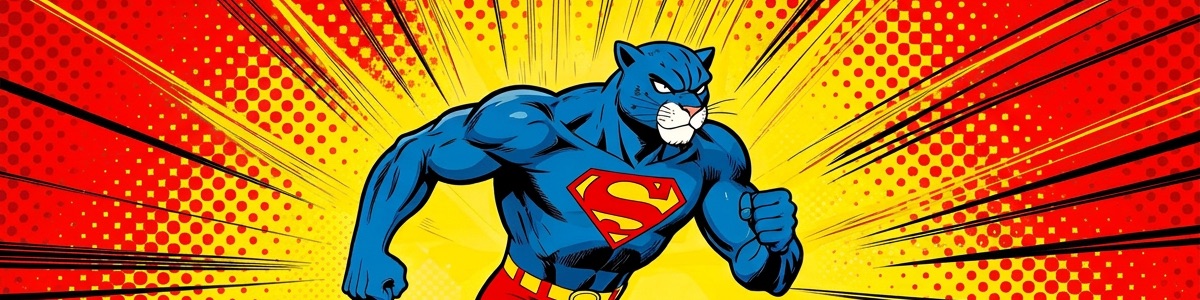 Spicewood's panther mascot drawn as a comic-book superhero, striding forward with fists clenched, in front of a yellow and red halftone starburst.