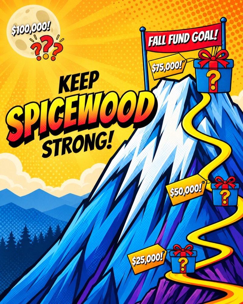 A comic-book poster of a snow-capped mountain with a yellow trail
              winding up it. Price tags reading $25,000 and $50,000 mark gift boxes
              along the way, each box stamped with a question mark. A red flag at
              the summit reads Fall Fund Goal beside a $75,000 tag and one more
              gift box. Above the peak, a full moon is labelled $100,000 followed
              by three question marks.
