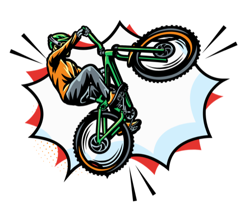 A BMX rider in mid-trick, front wheel up, against a comic-book impact burst.