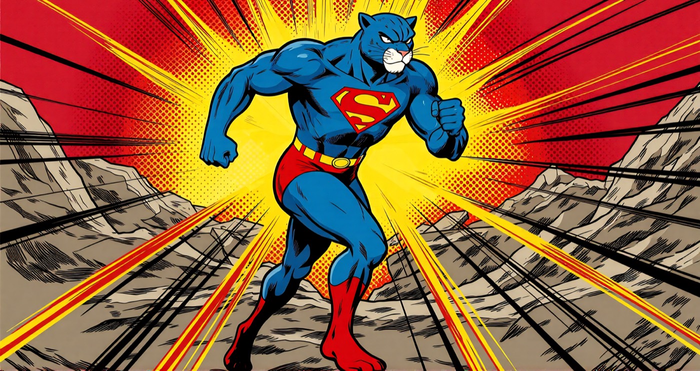 Spicewood's panther mascot drawn as a comic-book superhero, striding forward across a rocky ledge with fists clenched, in front of a yellow and red halftone starburst.